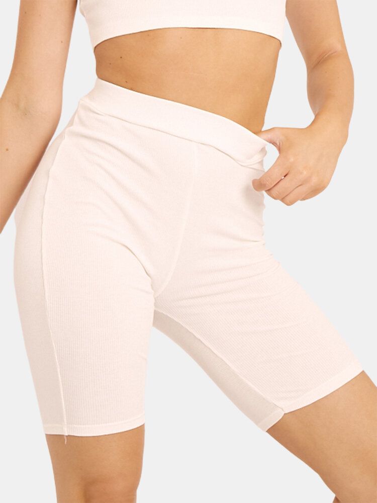 Dam Enfärgad Hög Midja Elastiska Sport Fitness Shorts