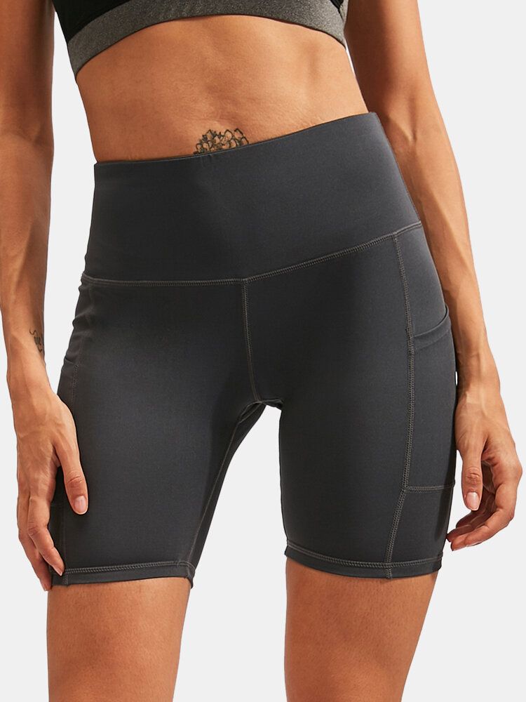 Dam Enfärgad Quick Dry Yoga Sport High Elastiska Shorts Med Sidoficka