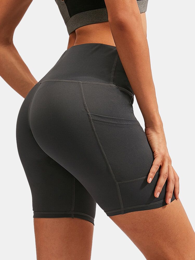 Dam Enfärgad Quick Dry Yoga Sport High Elastiska Shorts Med Sidoficka