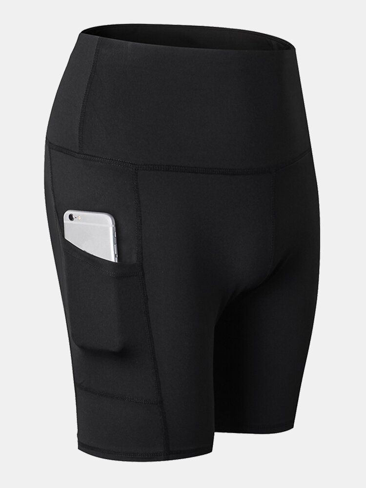 Dam Enfärgad Quick Dry Yoga Sport High Elastiska Shorts Med Sidoficka