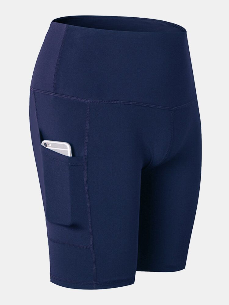 Dam Enfärgad Quick Dry Yoga Sport High Elastiska Shorts Med Sidoficka