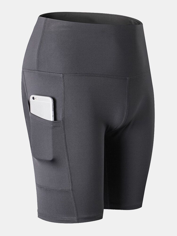 Dam Enfärgad Quick Dry Yoga Sport High Elastiska Shorts Med Sidoficka