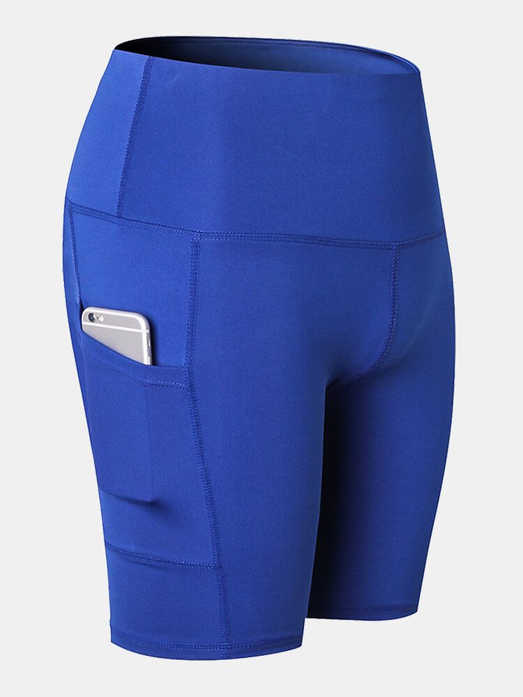 Dam Enfärgad Quick Dry Yoga Sport High Elastiska Shorts Med Sidoficka