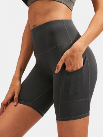 Dam Enfärgad Quick Dry Yoga Sport High Elastiska Shorts Med Sidoficka