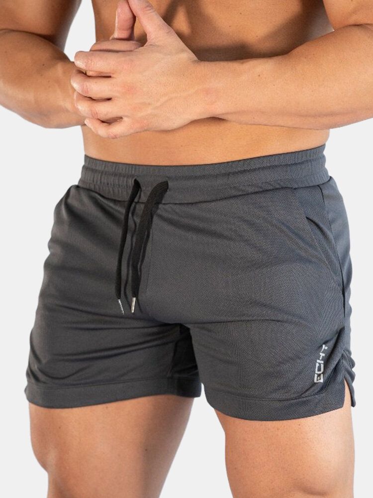 Enfärgad Herr Snabbtorkande Sport Lös Tunn Stretch Strandshorts Med Dragsko I Midjan