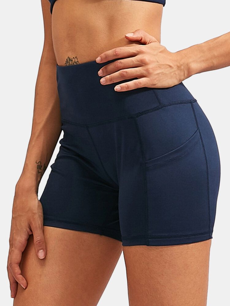 Fitness Yoga Dam Elasticitet Snabbtork Enfärgad Sportshorts Med Hög Midja