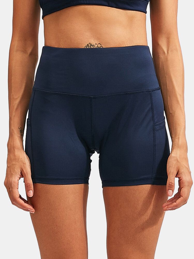 Fitness Yoga Dam Elasticitet Snabbtork Enfärgad Sportshorts Med Hög Midja