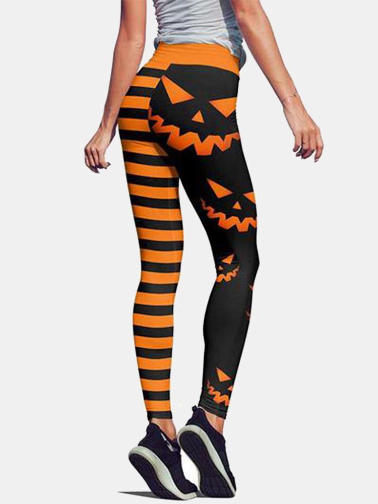 Halloween Kvinnor Pumpa Stripe Print Hög Midja Höftlyftande Sportbyxor