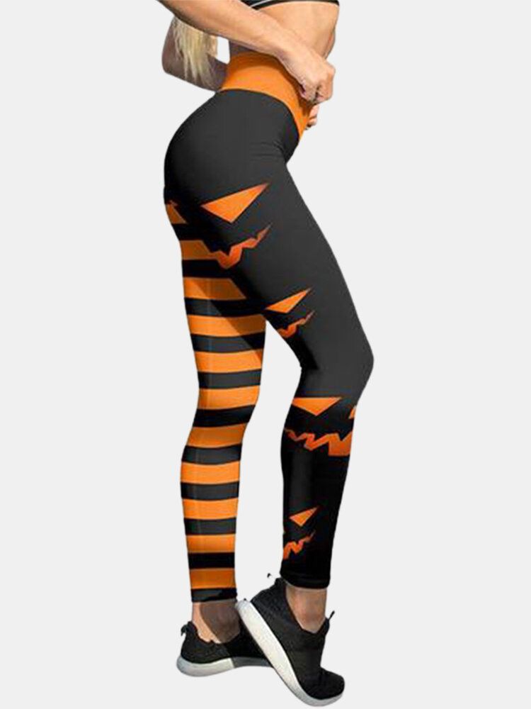 Halloween Kvinnor Pumpa Stripe Print Hög Midja Höftlyftande Sportbyxor