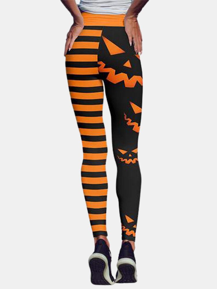 Halloween Kvinnor Pumpa Stripe Print Hög Midja Höftlyftande Sportbyxor