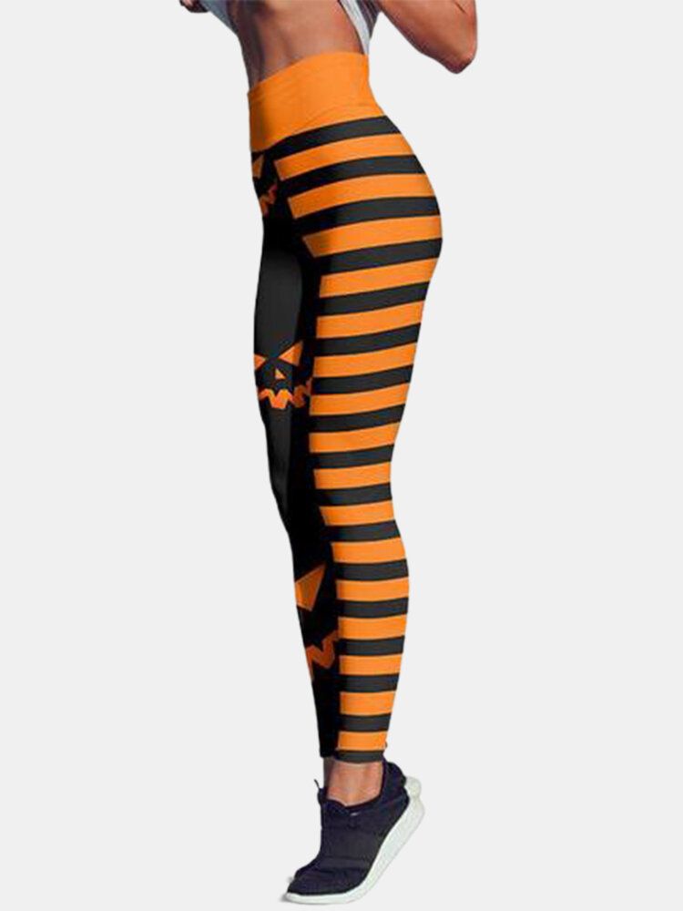 Halloween Kvinnor Pumpa Stripe Print Hög Midja Höftlyftande Sportbyxor