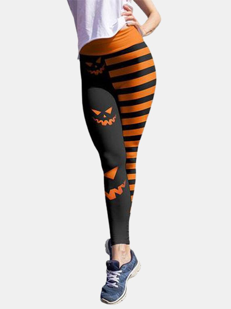 Halloween Kvinnor Pumpa Stripe Print Hög Midja Höftlyftande Sportbyxor