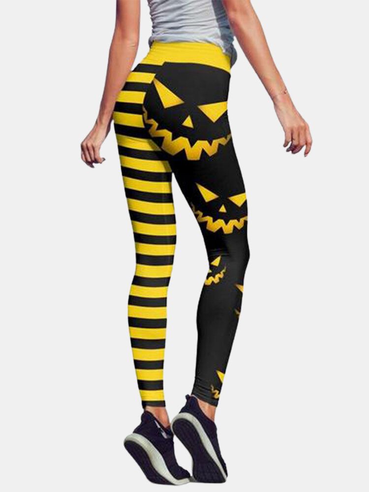 Halloween Kvinnor Pumpa Stripe Print Hög Midja Höftlyftande Sportbyxor