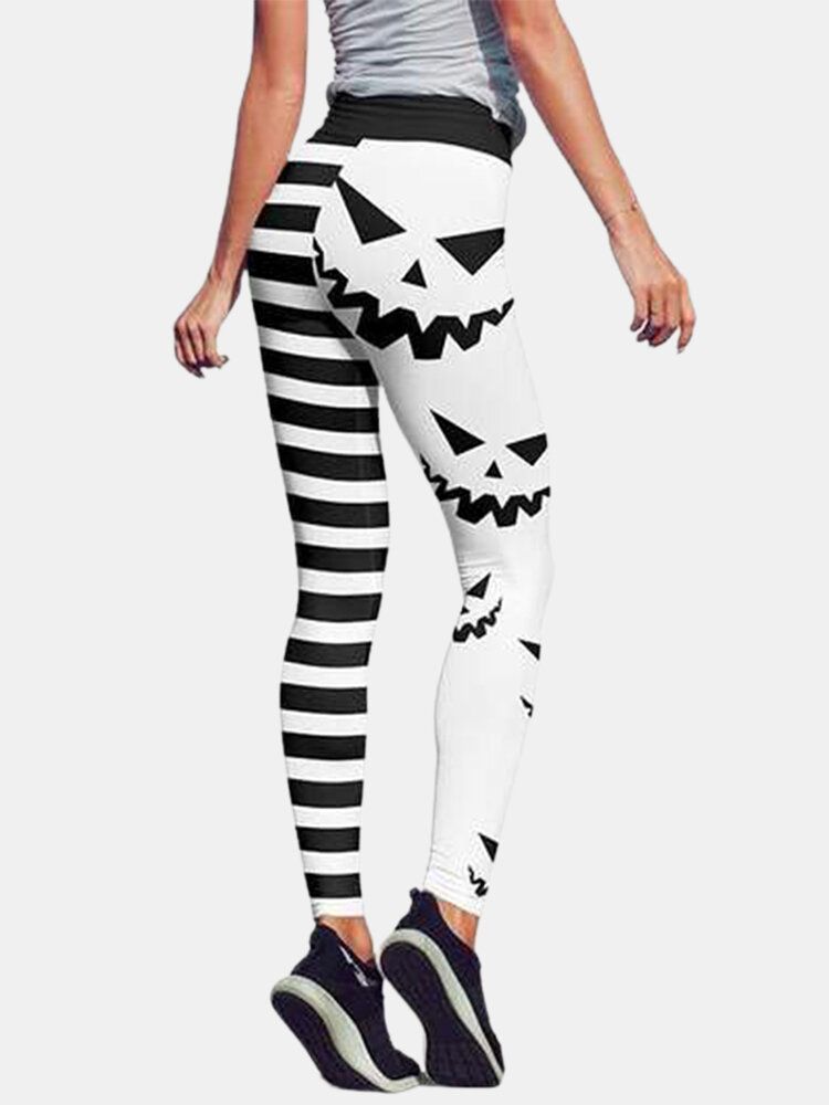 Halloween Kvinnor Pumpa Stripe Print Hög Midja Höftlyftande Sportbyxor