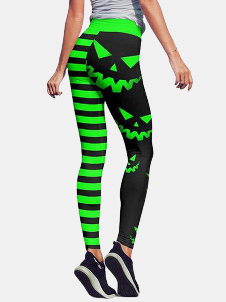 Halloween Kvinnor Pumpa Stripe Print Hög Midja Höftlyftande Sportbyxor