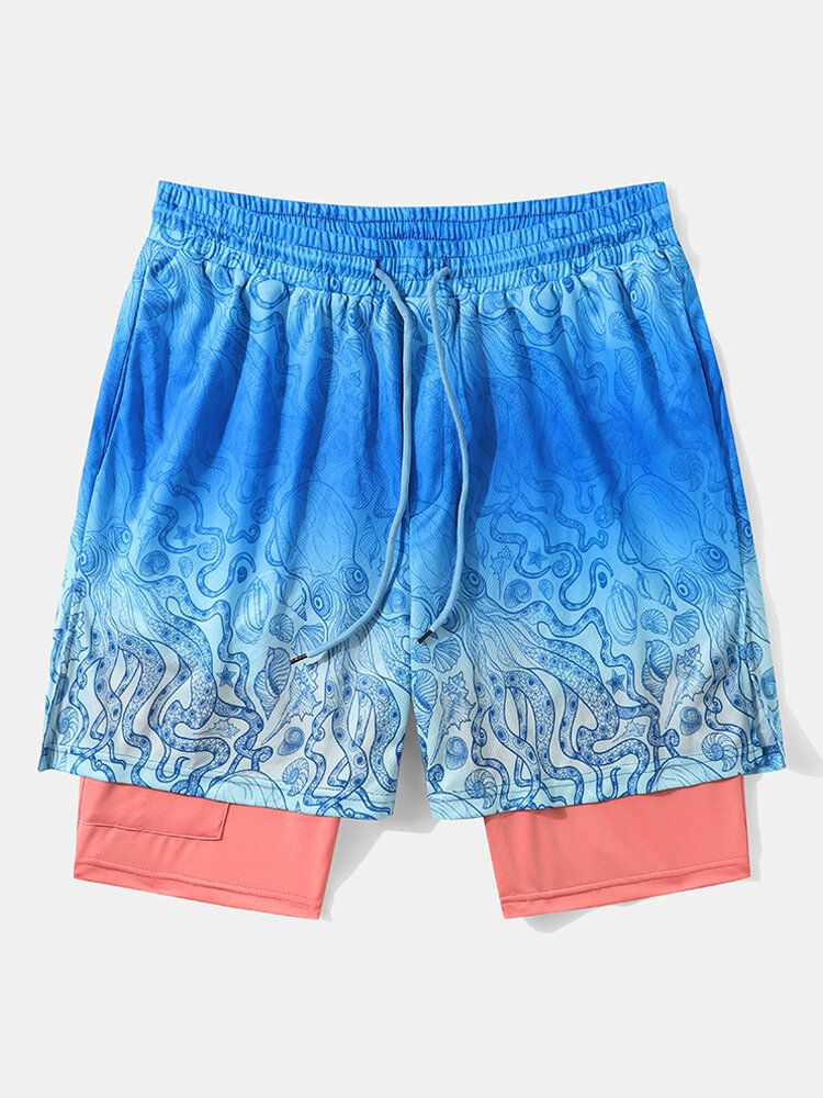 Herr Octopus Pattern Double Layer Invisiblely Pocket Shorts