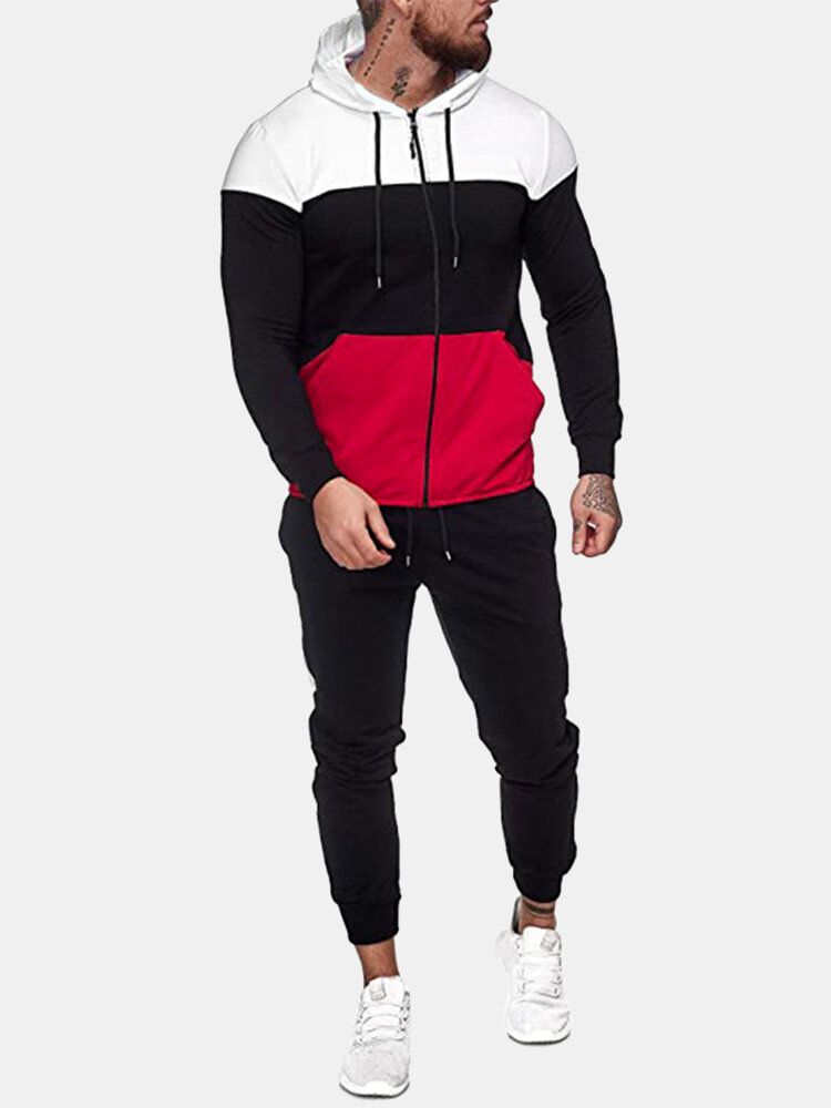 Herr Tricolor Patchwork Luvjacka Joggingbyxor Med Dragsko Sport Tvådelat Set