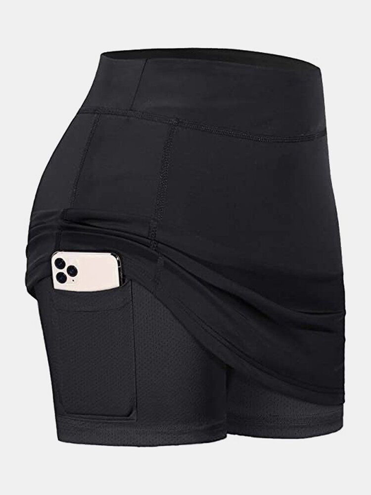 Kvinnor Enfärgade Sportshorts Compression Liner Andas Tenniskjol Med Ficka