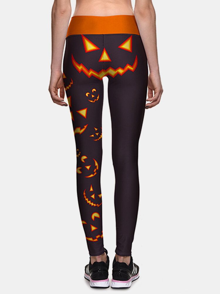 Kvinnor Halloween Side Pumpkin Print Hög Midja Slimmade Sportbyxor