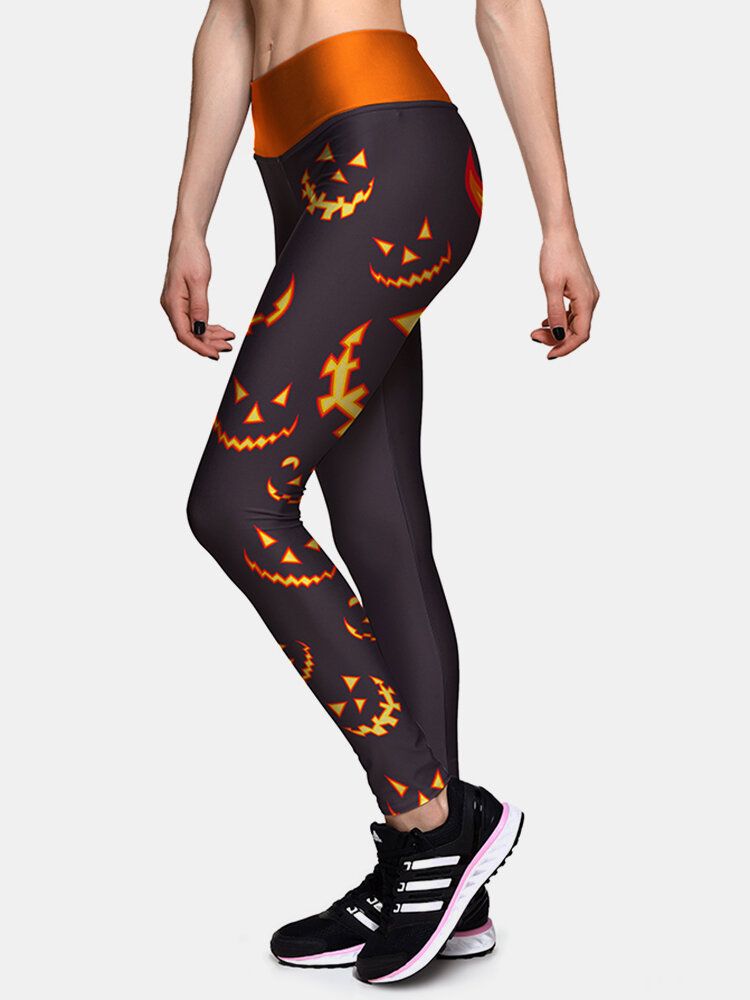 Kvinnor Halloween Side Pumpkin Print Hög Midja Slimmade Sportbyxor