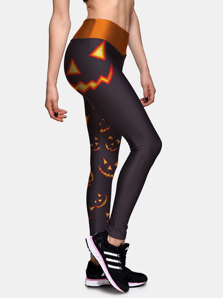 Kvinnor Halloween Side Pumpkin Print Hög Midja Slimmade Sportbyxor