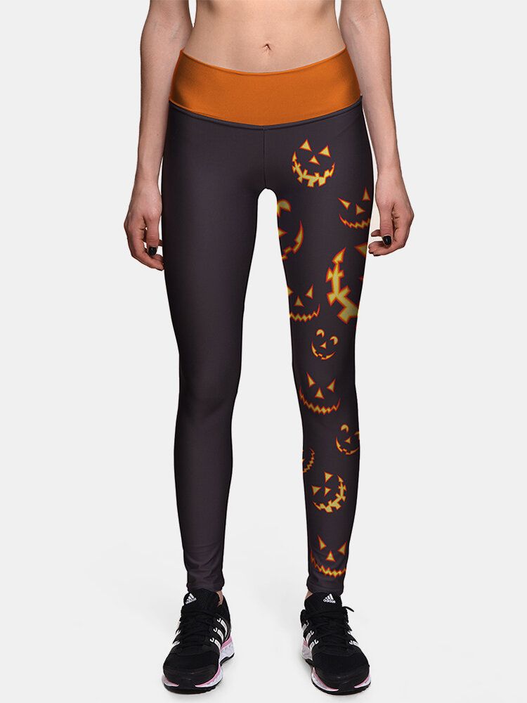 Kvinnor Halloween Side Pumpkin Print Hög Midja Slimmade Sportbyxor