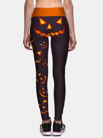 Kvinnor Halloween Side Pumpkin Print Hög Midja Slimmade Sportbyxor