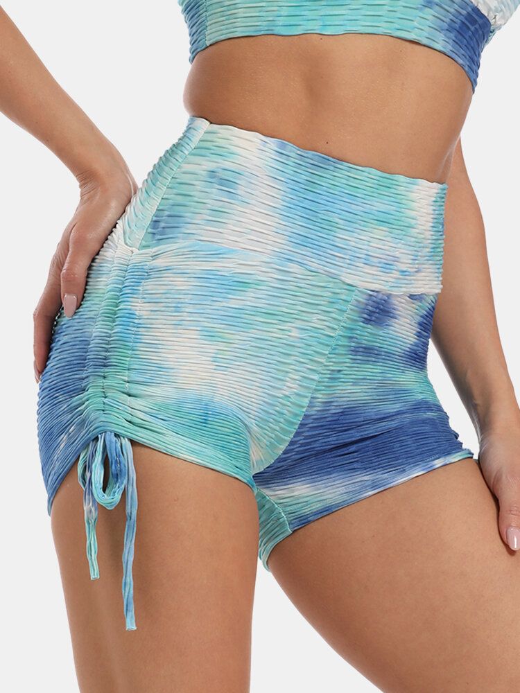 Kvinnor Tie Dye Jacquard Sida Dragsko Yoga Soprt Shorts Med Hög Midja