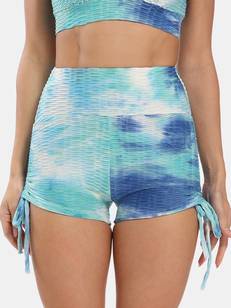 Kvinnor Tie Dye Jacquard Sida Dragsko Yoga Soprt Shorts Med Hög Midja