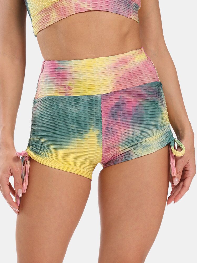 Kvinnor Tie Dye Jacquard Sida Dragsko Yoga Soprt Shorts Med Hög Midja