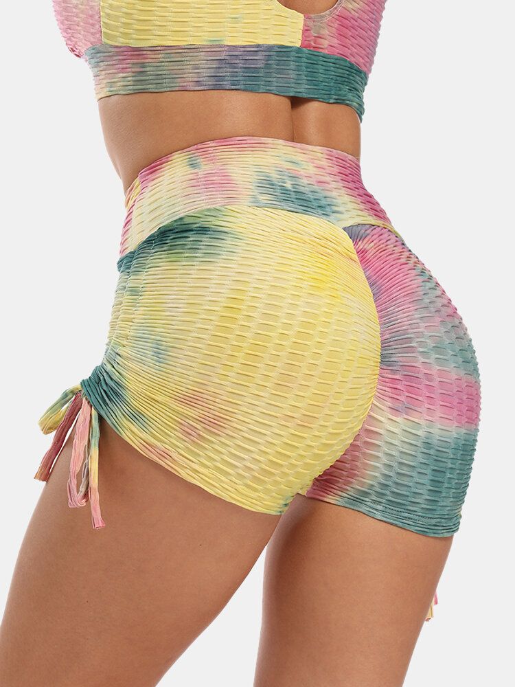 Kvinnor Tie Dye Jacquard Sida Dragsko Yoga Soprt Shorts Med Hög Midja