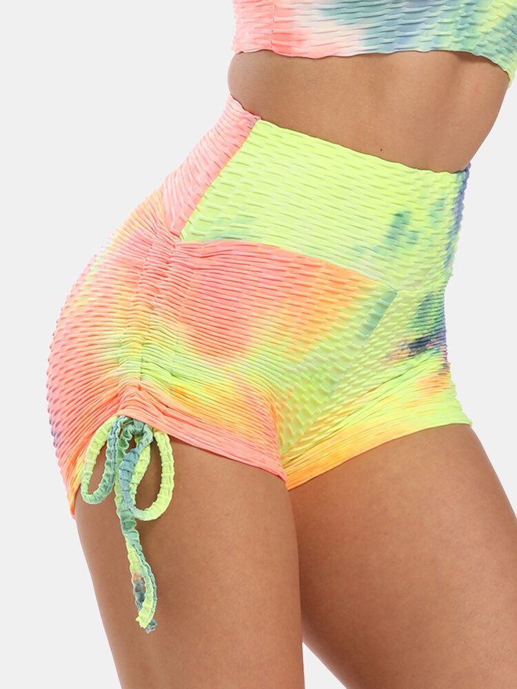 Kvinnor Tie Dye Jacquard Sida Dragsko Yoga Soprt Shorts Med Hög Midja