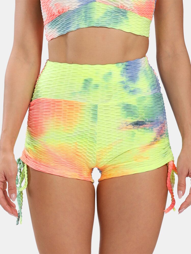 Kvinnor Tie Dye Jacquard Sida Dragsko Yoga Soprt Shorts Med Hög Midja