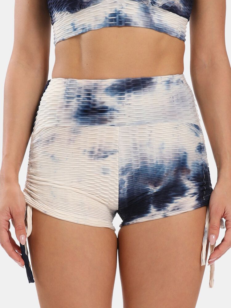 Kvinnor Tie Dye Jacquard Sida Dragsko Yoga Soprt Shorts Med Hög Midja