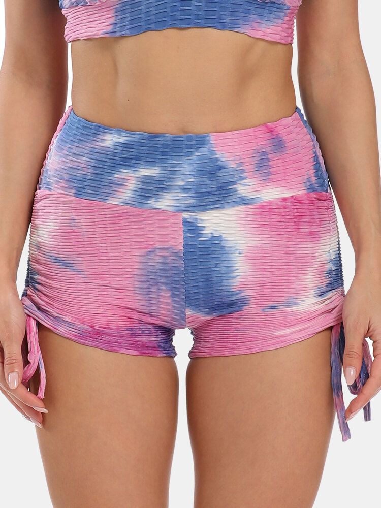 Kvinnor Tie Dye Jacquard Sida Dragsko Yoga Soprt Shorts Med Hög Midja