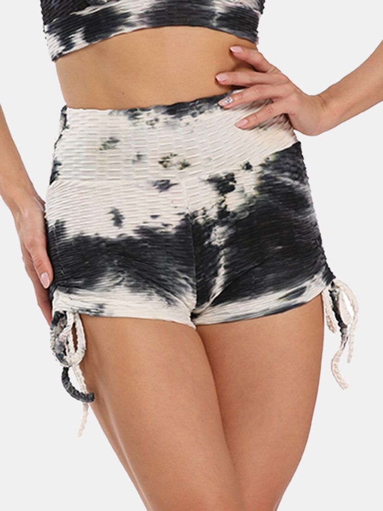 Kvinnor Tie Dye Jacquard Sida Dragsko Yoga Soprt Shorts Med Hög Midja