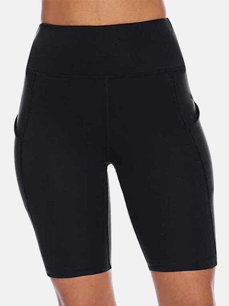 Sport Dam Enfärgad Elastisk Hög Midja Yoga Löparbikershorts Med Ficka