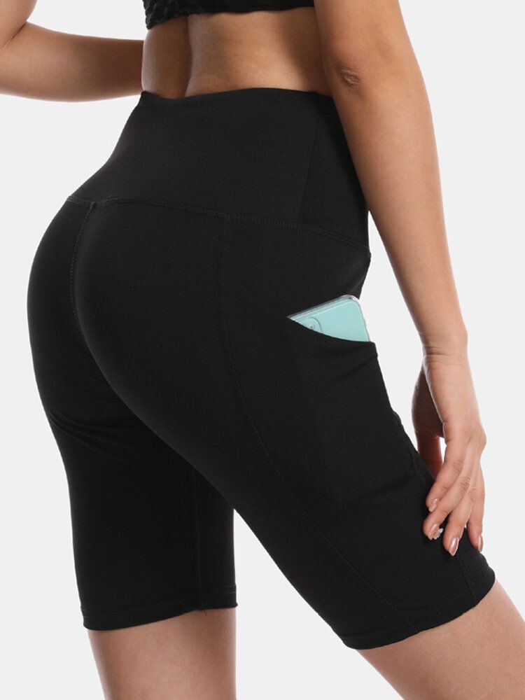 Sport Dam Enfärgad Elastisk Hög Midja Yoga Löparbikershorts Med Ficka