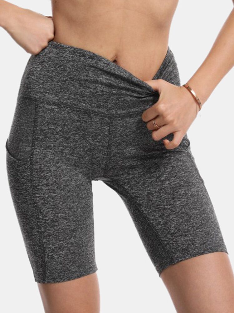 Sport Dam Enfärgad Elastisk Hög Midja Yoga Löparbikershorts Med Ficka