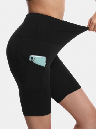 Sport Dam Enfärgad Elastisk Hög Midja Yoga Löparbikershorts Med Ficka