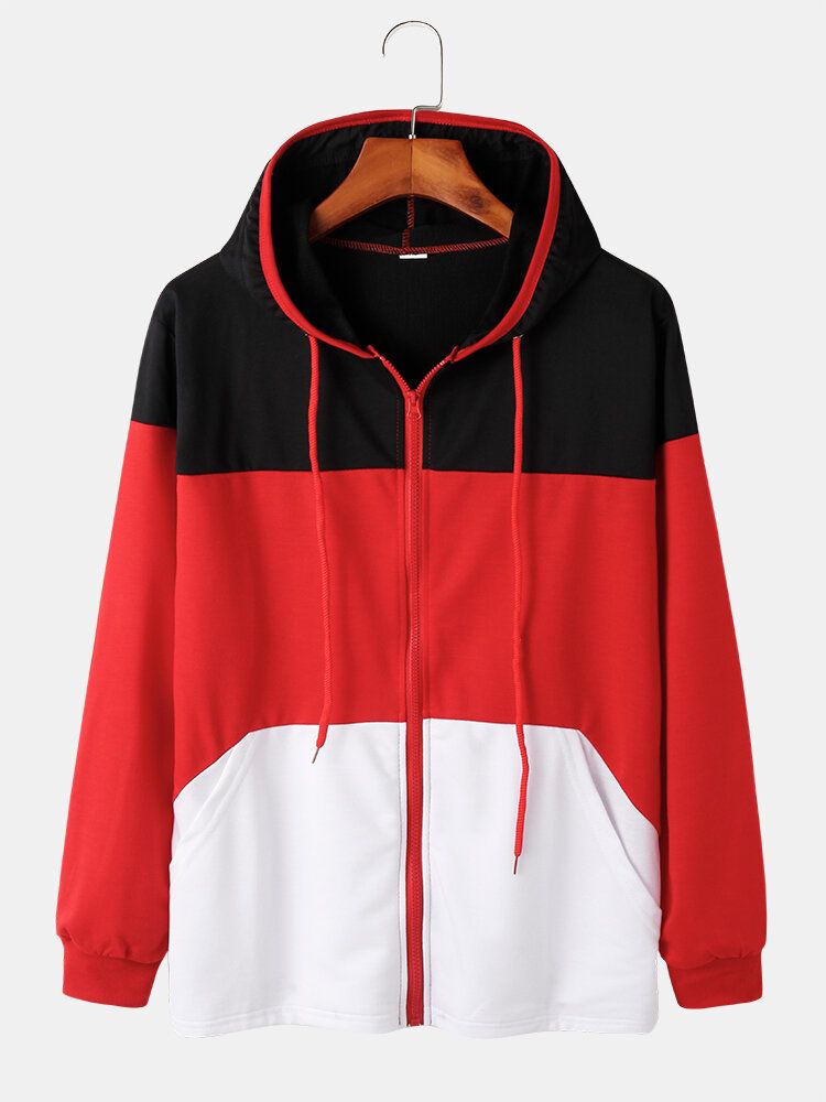 Sportigt Patchwork För Män Colorblock Pocket Zipper Hoodie Jacka