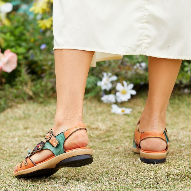 Äkta Läder Bekväm Sommarsemester Bohemisk Etnisk Blommor Dekor Krokögla Slidesandaler