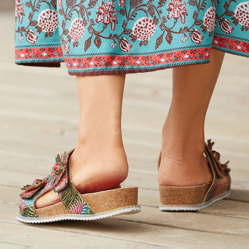 Äkta Läder Comfy Beach Semester Bohemian Etnisk Blommig Krokögla Utomhus Wedges Sandaler