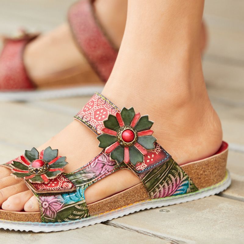 Äkta Läder Comfy Beach Semester Bohemian Etnisk Blommig Krokögla Utomhus Wedges Sandaler