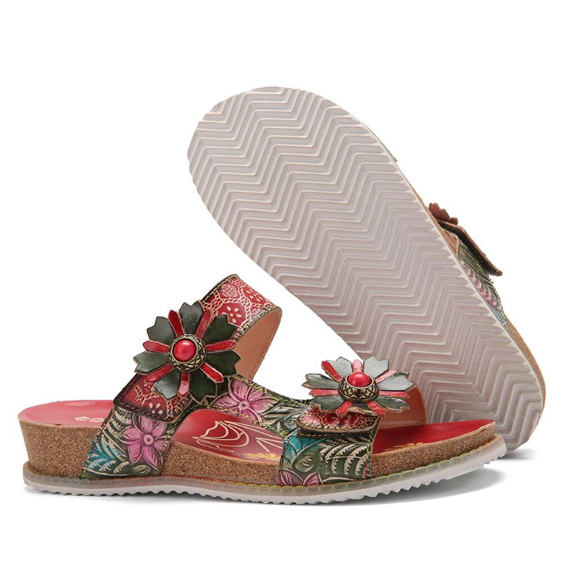 Äkta Läder Comfy Beach Semester Bohemian Etnisk Blommig Krokögla Utomhus Wedges Sandaler