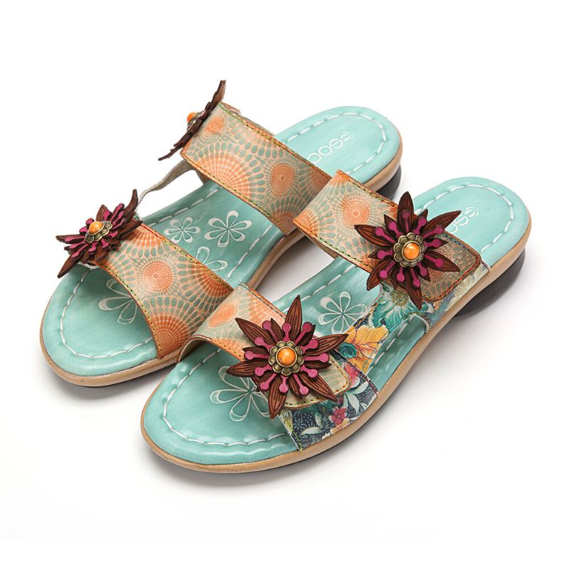 Äkta Läder Comfy Halcyon Beach Vacation Bohemian Etnic Floral Decor Slide Sandaler