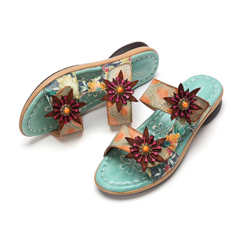 Äkta Läder Comfy Halcyon Beach Vacation Bohemian Etnic Floral Decor Slide Sandaler