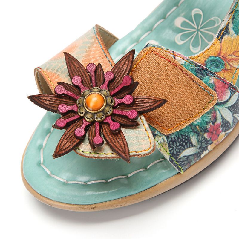 Äkta Läder Comfy Halcyon Beach Vacation Bohemian Etnic Floral Decor Slide Sandaler