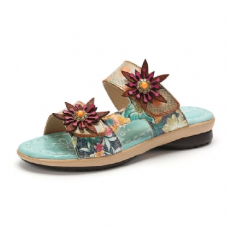 Äkta Läder Comfy Halcyon Beach Vacation Bohemian Etnic Floral Decor Slide Sandaler