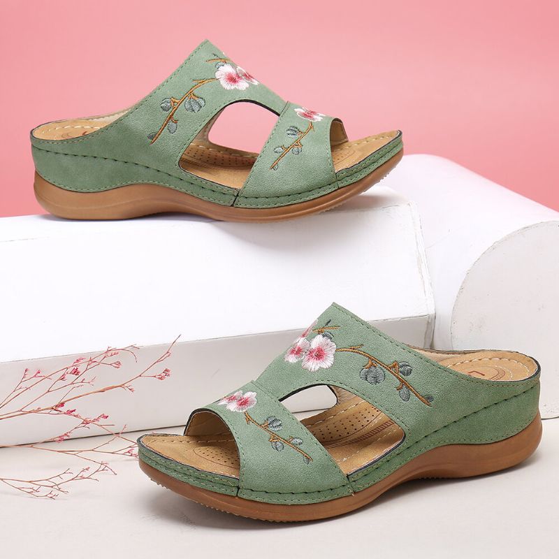 Blomsterbroderi För Kvinnor Med Öppen Tå Casual Summer Wedge Sandaler